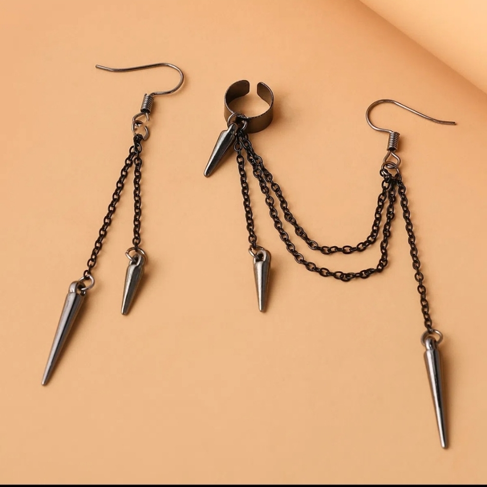 Gun Metal gray titanium asymmetrical earrings and cuff goth punk spikes chains
